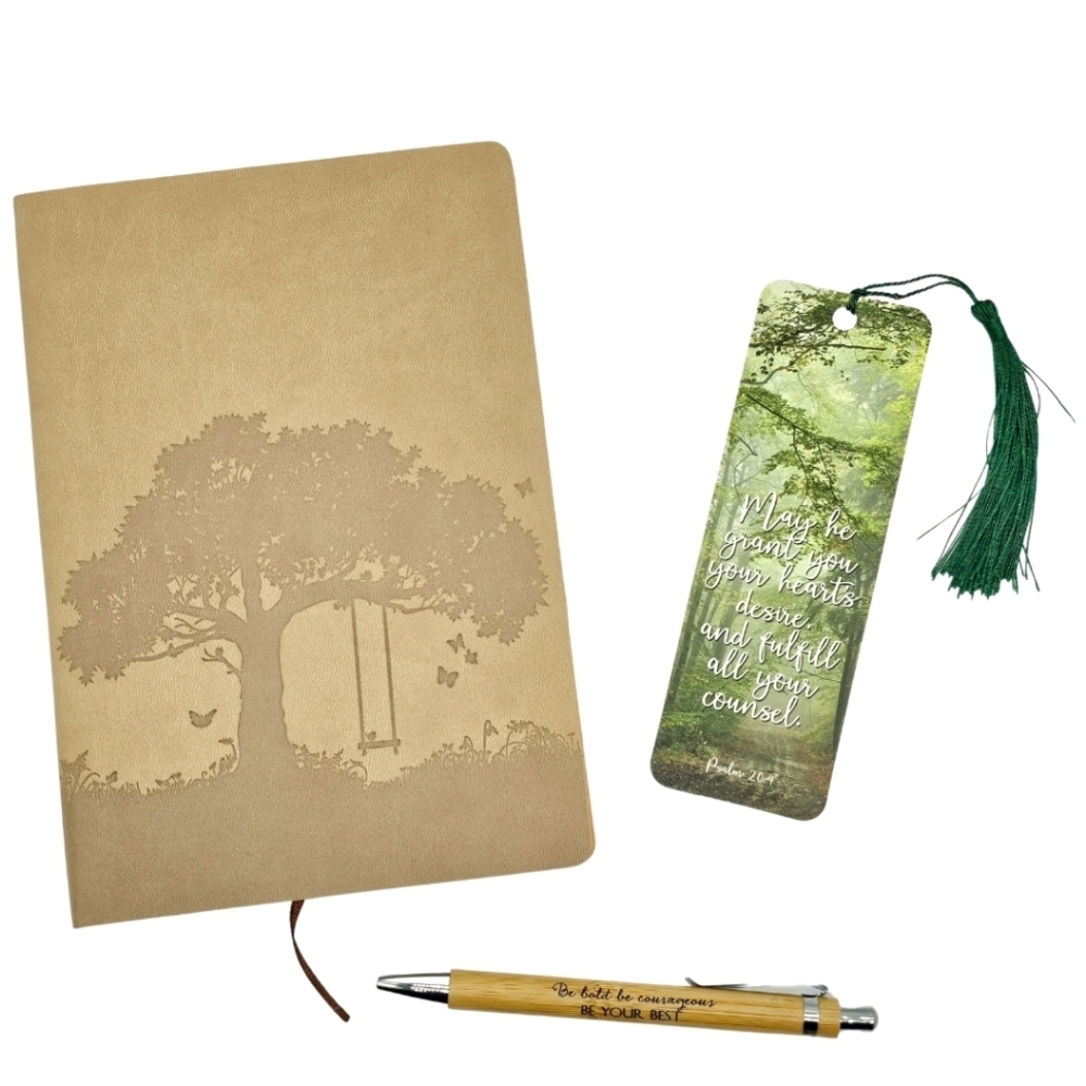 Tree of Life Faux Leather Journal Bamboo Pen Inspirational Bookmark Set Tan Gree